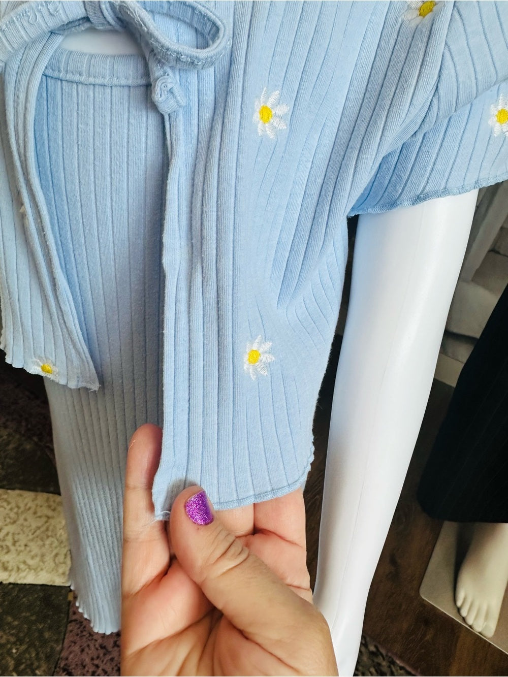 Btween Girls Blue Daisy Ribbed Dress & Matching Tie-Front Shrug Set