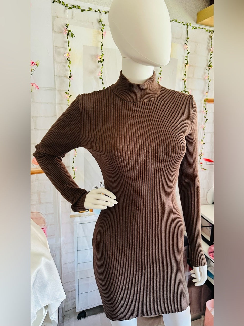 Forever 21 Brown Ribbed Turtleneck Bodycon Sweater Mini Dress