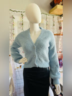 No Boundaries Blue Fuzzy Button Front Cropped Cardigan