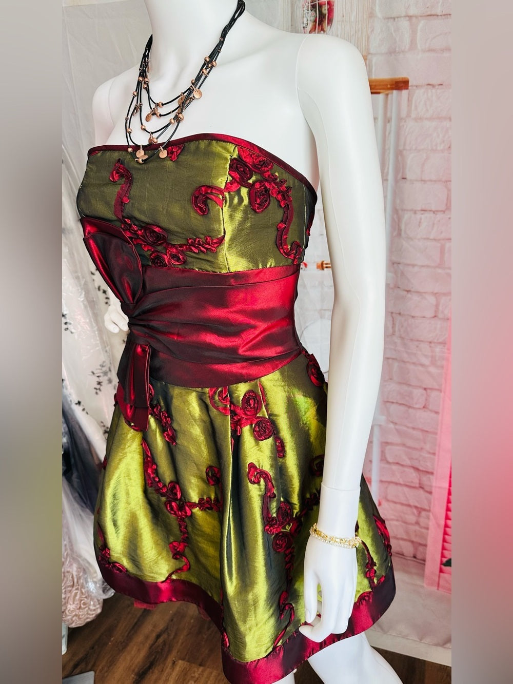 Jessica McClintock Olive & Burgundy Strapless Fit-and-Flare Party Dress