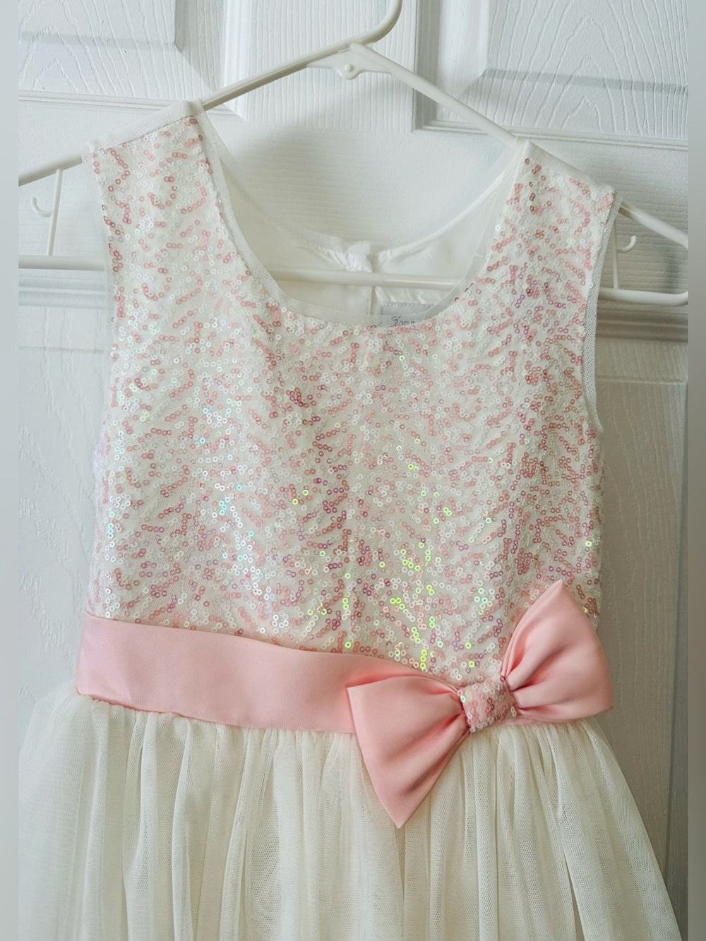 Jona Michelle Pink Sequin Bodice Ivory Tulle Dress with Bow