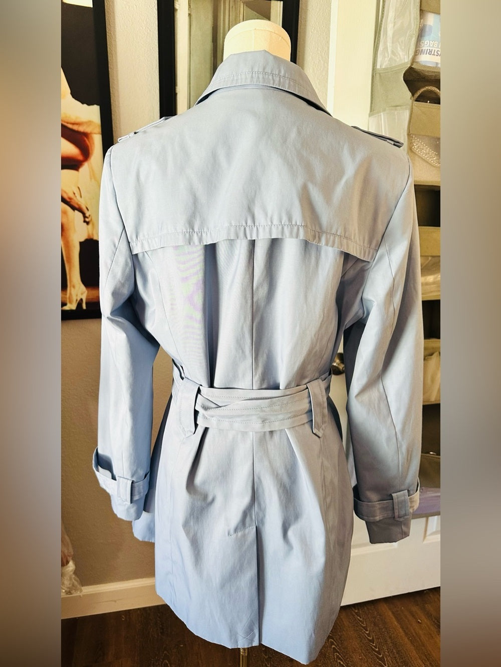 Calvin Klein Light Blue Belted Double Breasted Trench Coat
