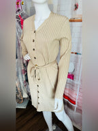Lark + Grey Tan Ribbed Knit Button Front Belted Sweater Dress