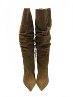 Genuine Suede Slouchy Pointed Toe Heel Boots in Olive Green