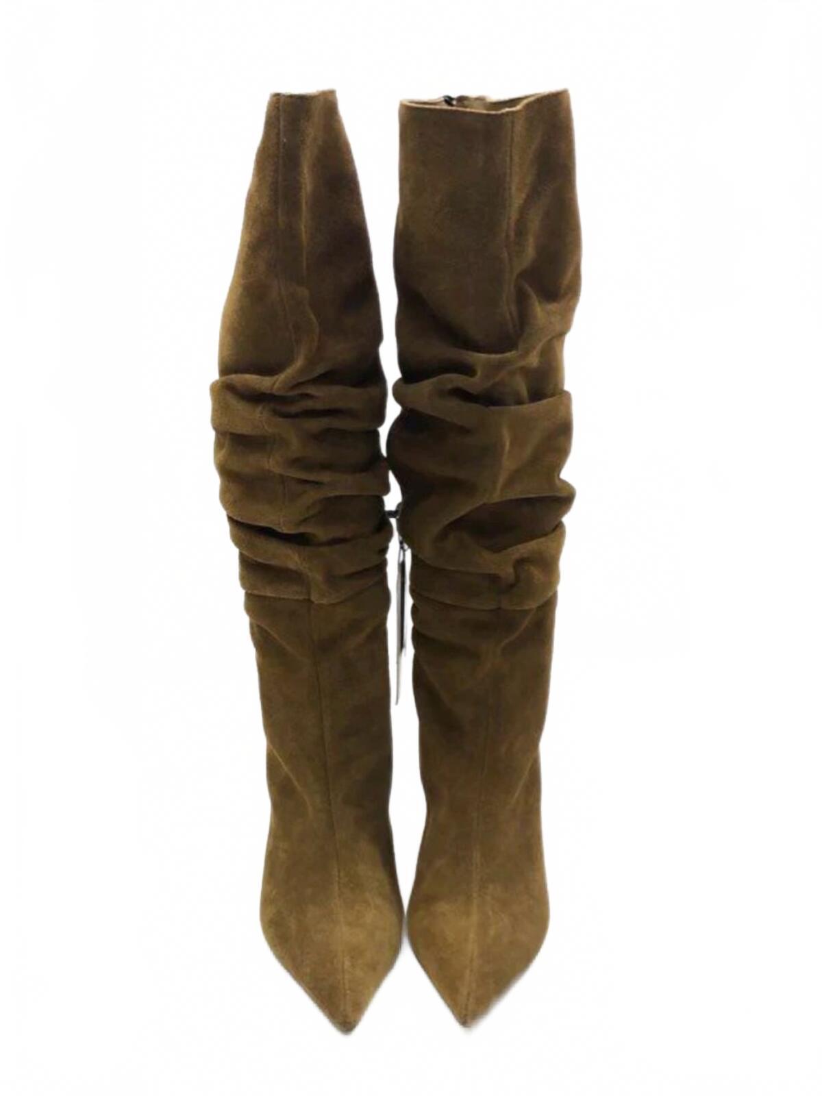 Genuine Suede Slouchy Pointed Toe Heel Boots in Olive Green