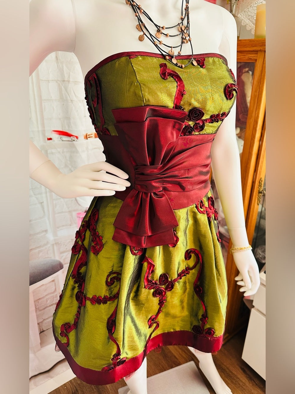 Jessica McClintock Olive & Burgundy Strapless Fit-and-Flare Party Dress
