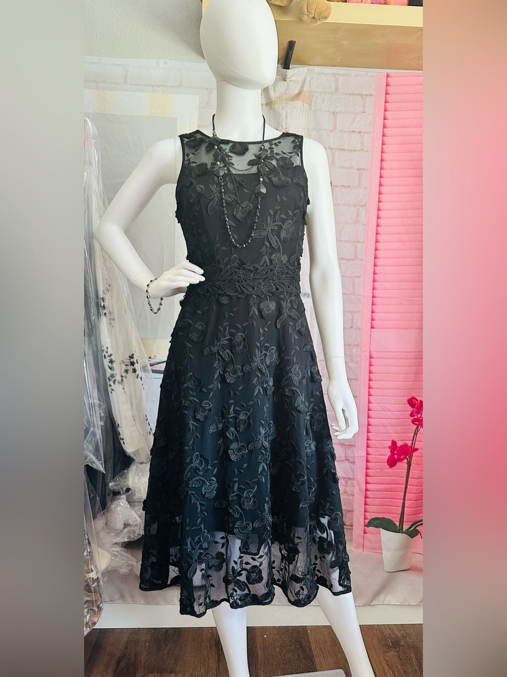Black Floral Embroidered Mesh Fit & Flare Dress