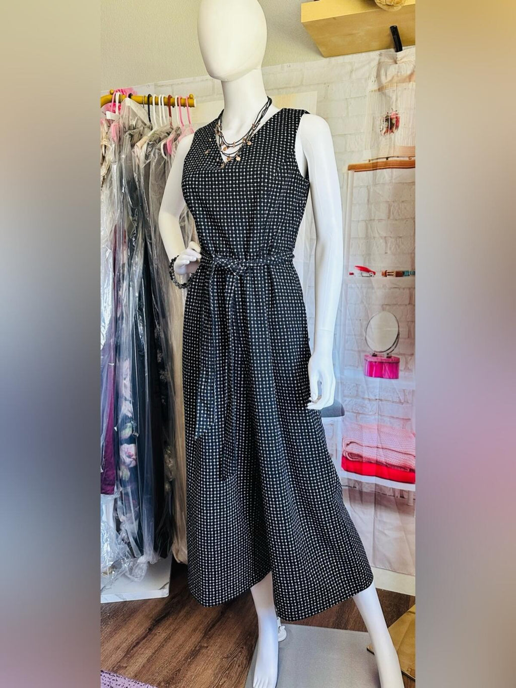 Calvin Klein Wide Leg Belted Geometric Print Jumpsuit