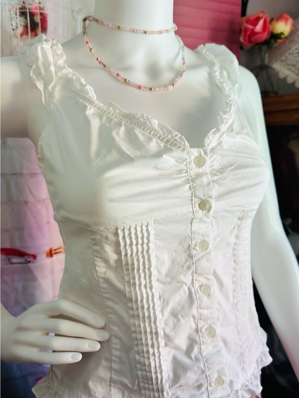 White Ruffle Button-Front Tank Top
