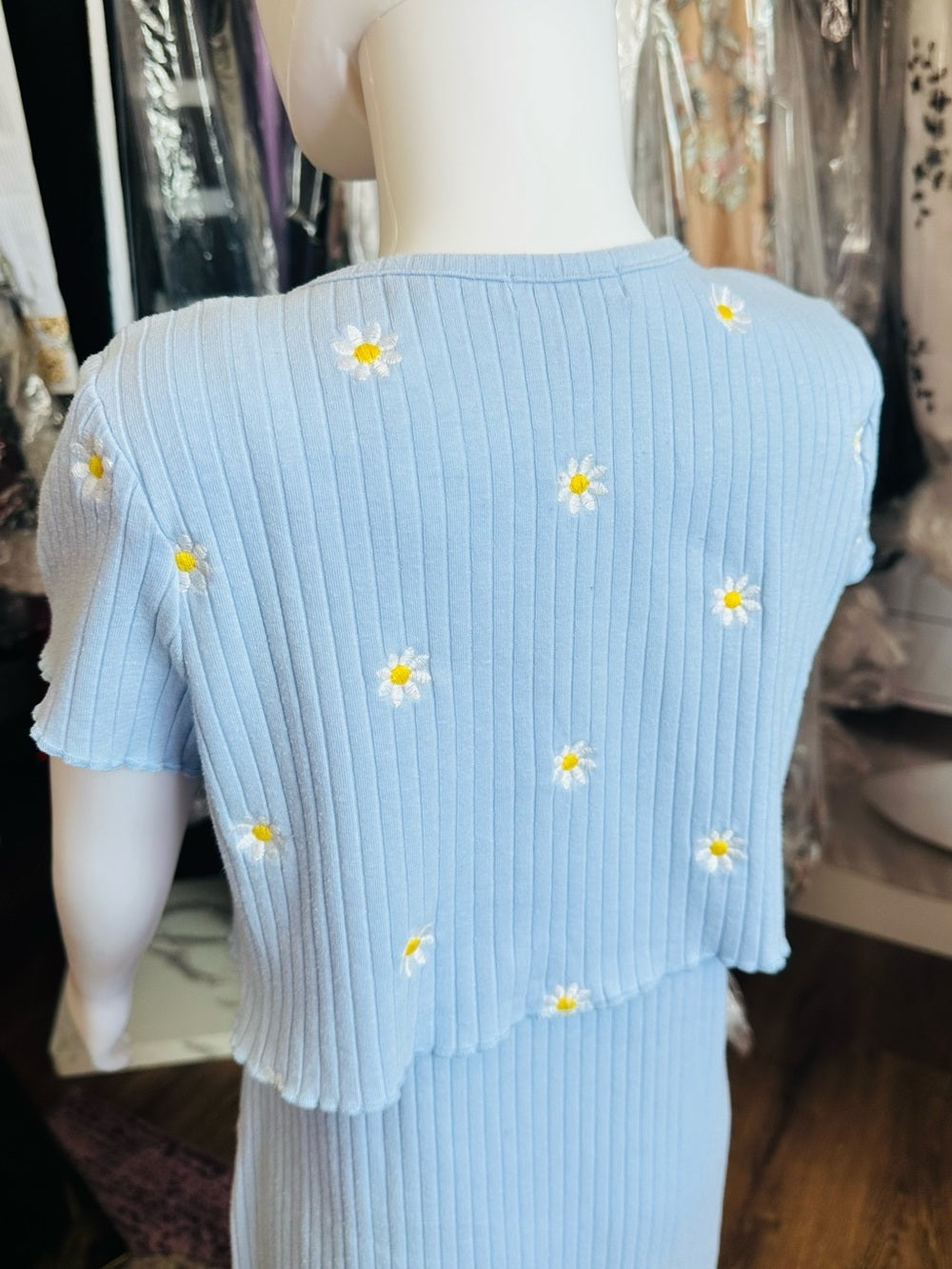 Btween Girls Blue Daisy Ribbed Dress & Matching Tie-Front Shrug Set