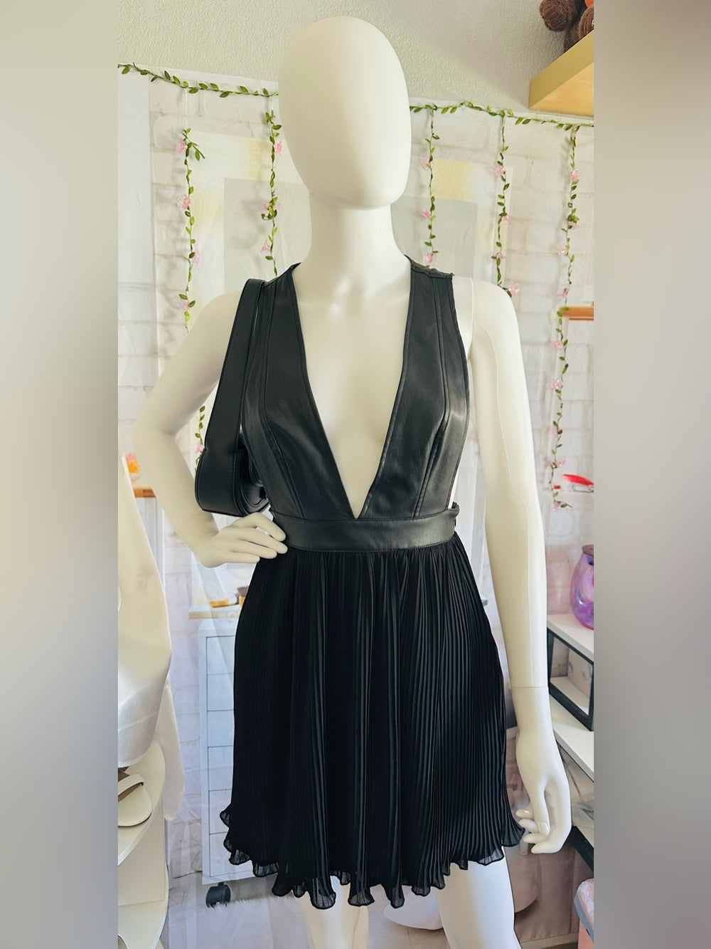Forever 21 Black Faux Leather Plunge Pleated Mini Dress