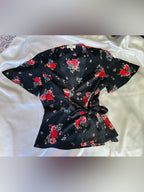 Meraki Black Floral Wrap Peplum Blouse Tie Waist Flutter Sleeve