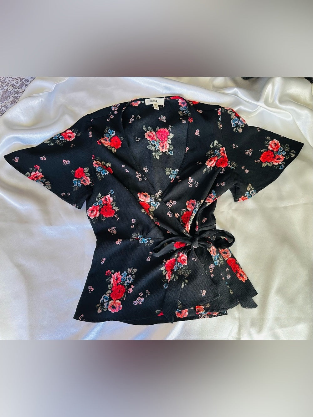 Meraki Black Floral Wrap Peplum Blouse Tie Waist Flutter Sleeve