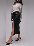 Topshop Side Ruched Faux Leather Midi Skirt