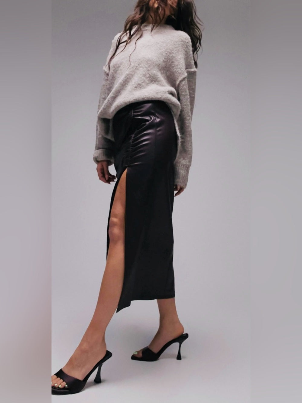 Topshop Side Ruched Faux Leather Midi Skirt