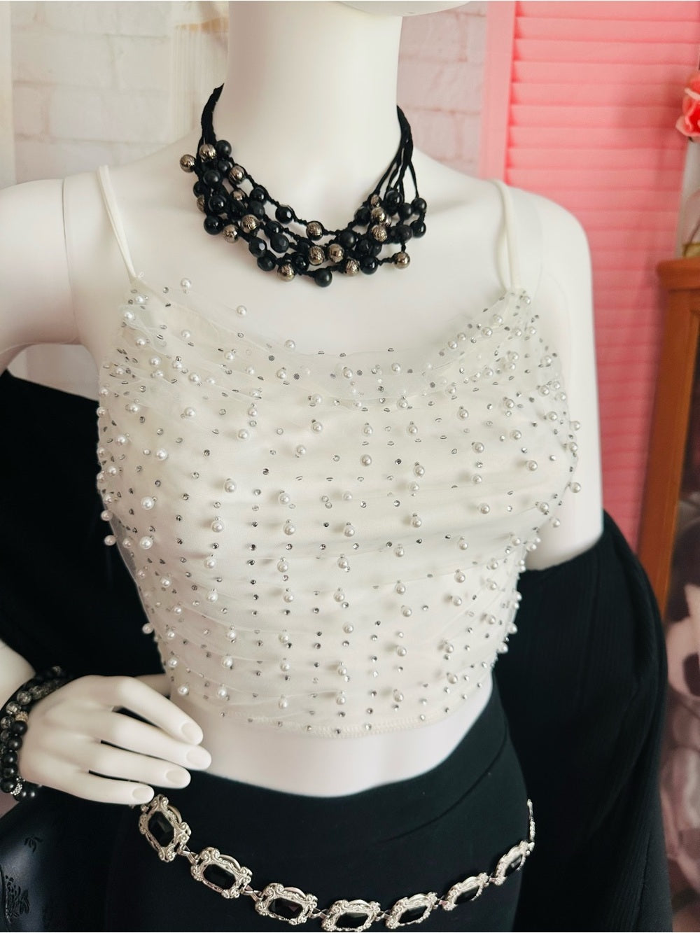 Windsor White Faux Pearl Rhinestone Embellished Crop Top