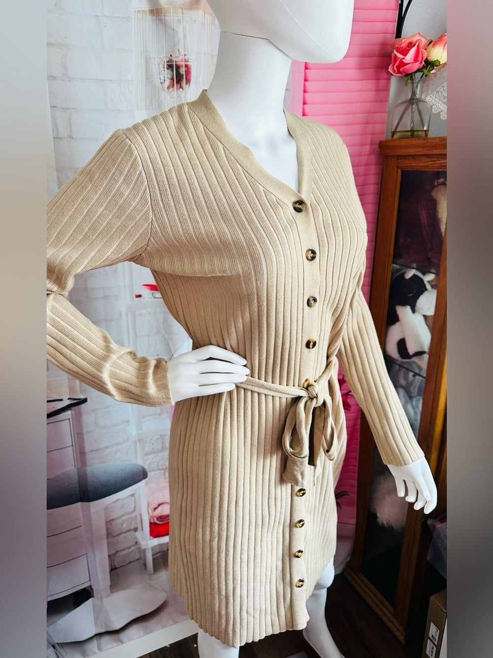 Lark + Grey Tan Ribbed Knit Button Front Belted Sweater Dress