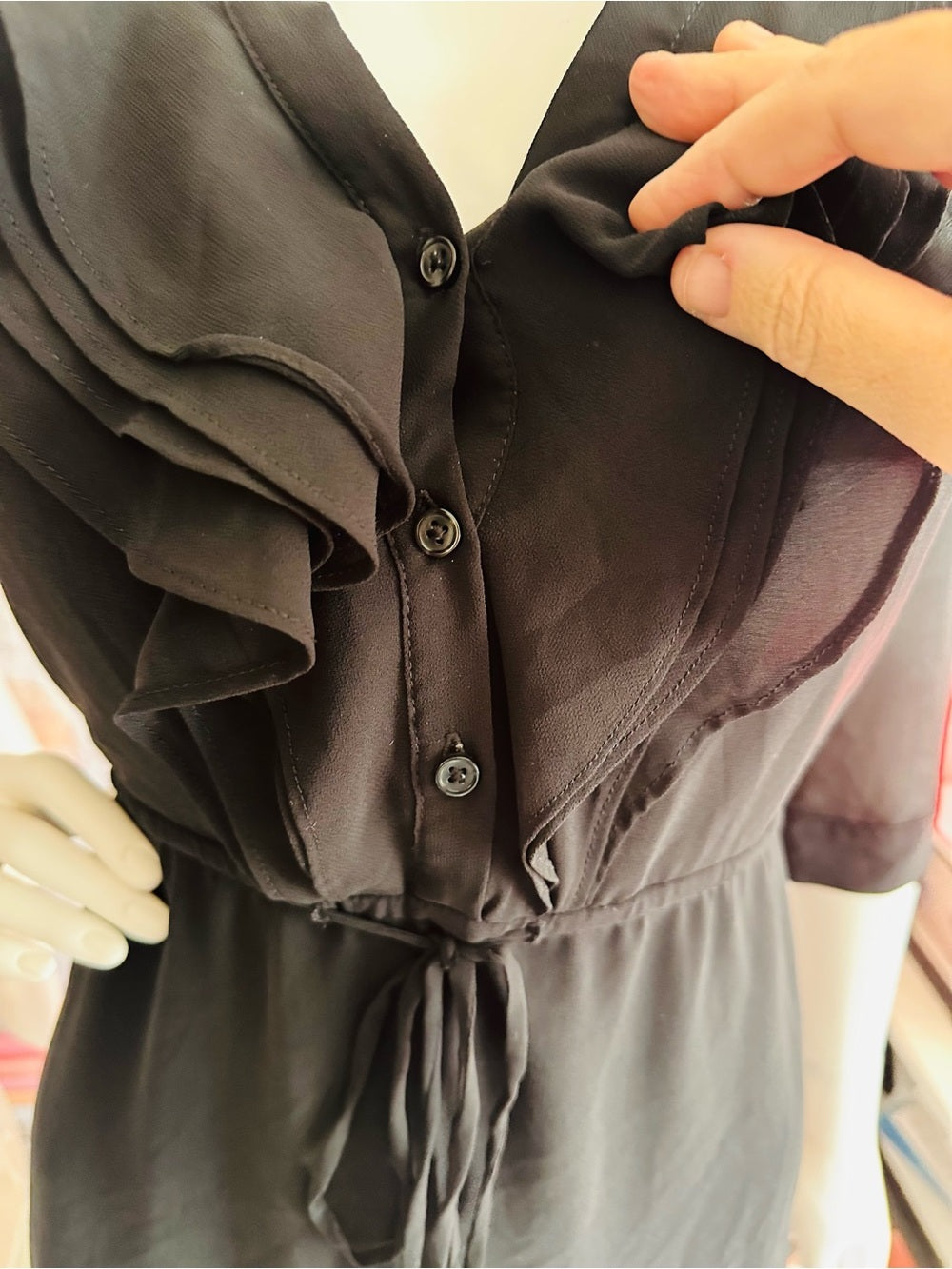 H&M Black Ruffle Tunic Mini Dress Sheer Sleeve Tie Waist