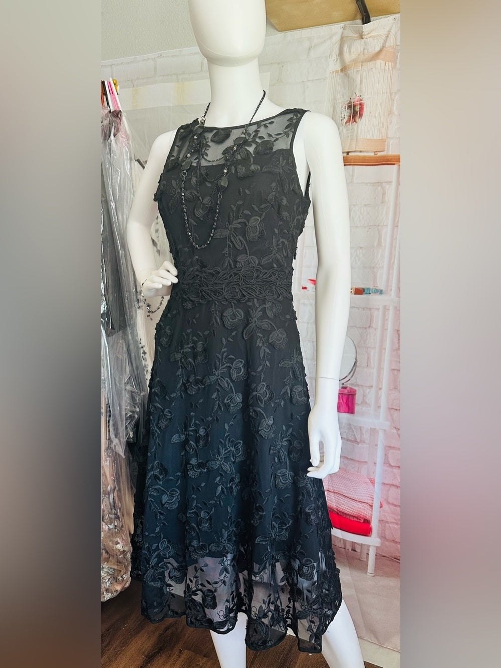 Black Floral Embroidered Mesh Fit & Flare Dress