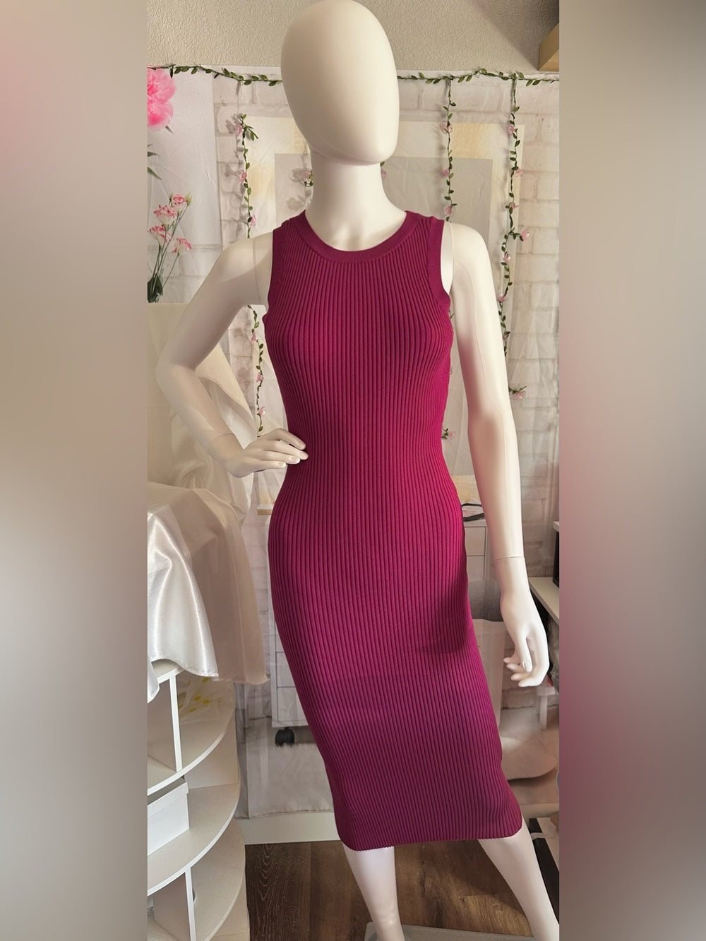 Forever 21 Berry Pink Ribbed Knit Bodycon Midi Dress NWT