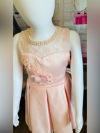 Pink Pleated Dress Rhinestones with Floral Lace Botice