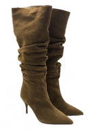 Genuine Suede Slouchy Pointed Toe Heel Boots in Olive Green