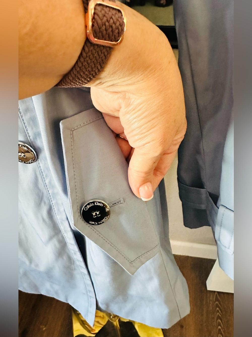Calvin Klein Light Blue Belted Double Breasted Trench Coat