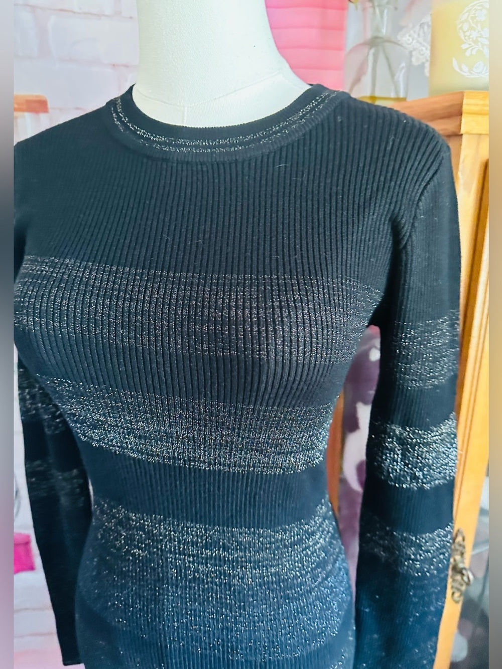 John + Jenn Black Ribbed Metallic-Strip Long-Sleeve Bodycon Dress