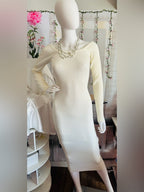 Forever 21 Ivory Shimmer Ribbed Knit Off Shoulder Midi Dress