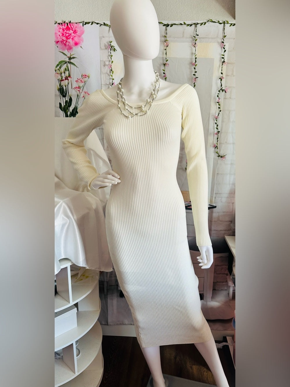 Forever 21 Ivory Shimmer Ribbed Knit Off Shoulder Midi Dress