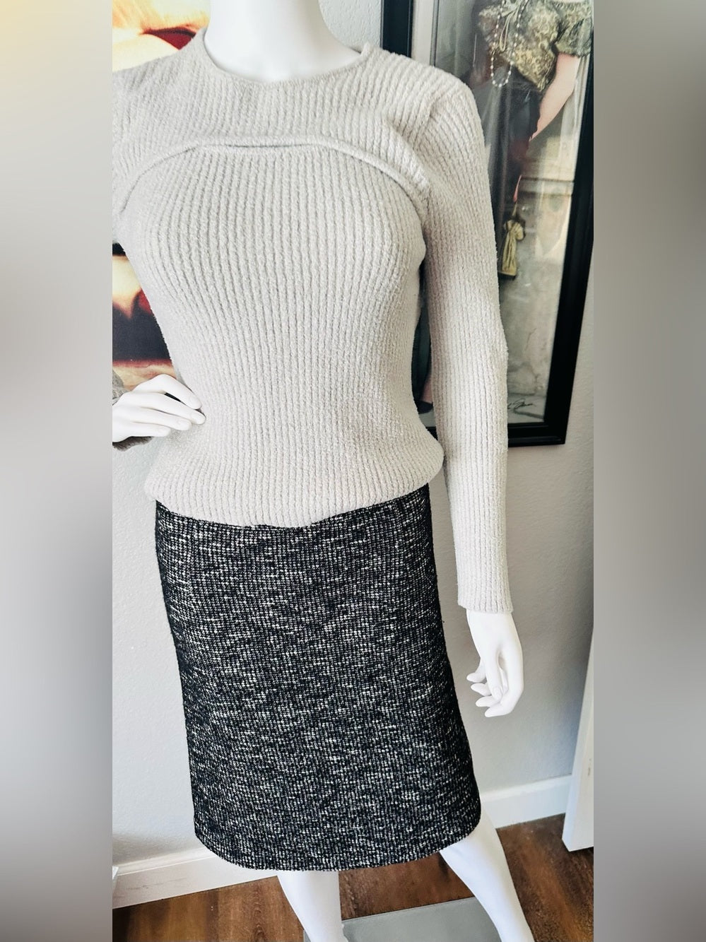 Banana Republic Italian Tweed Cotton Wool Pencil Skirt Black White