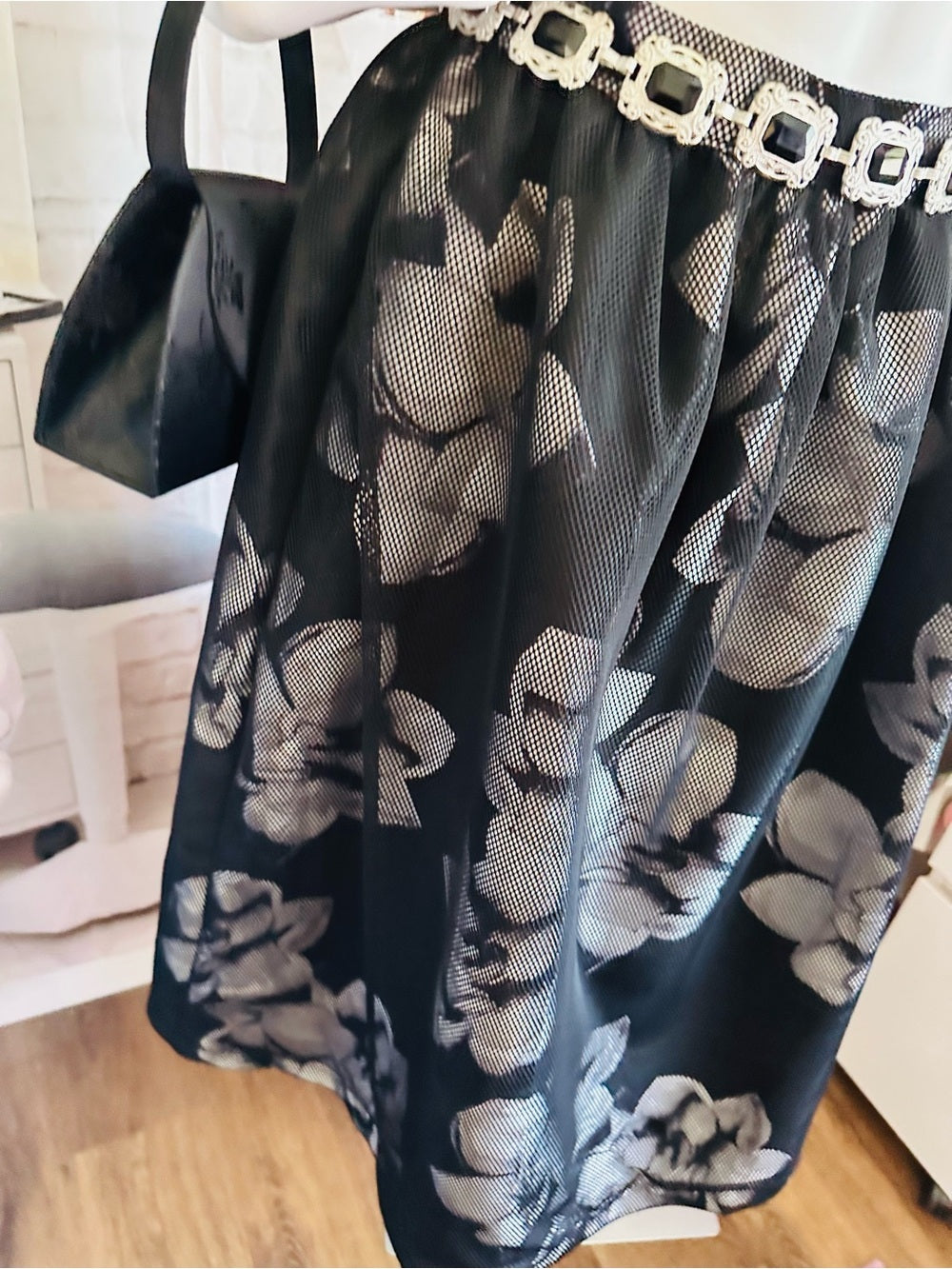 Forever 21 Black Mesh Floral Midi Skirt