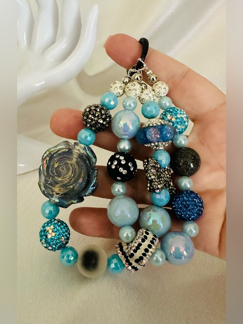 Turquoise Blue Rhinestone Beaded Purse Charm Floral Bag Accessory