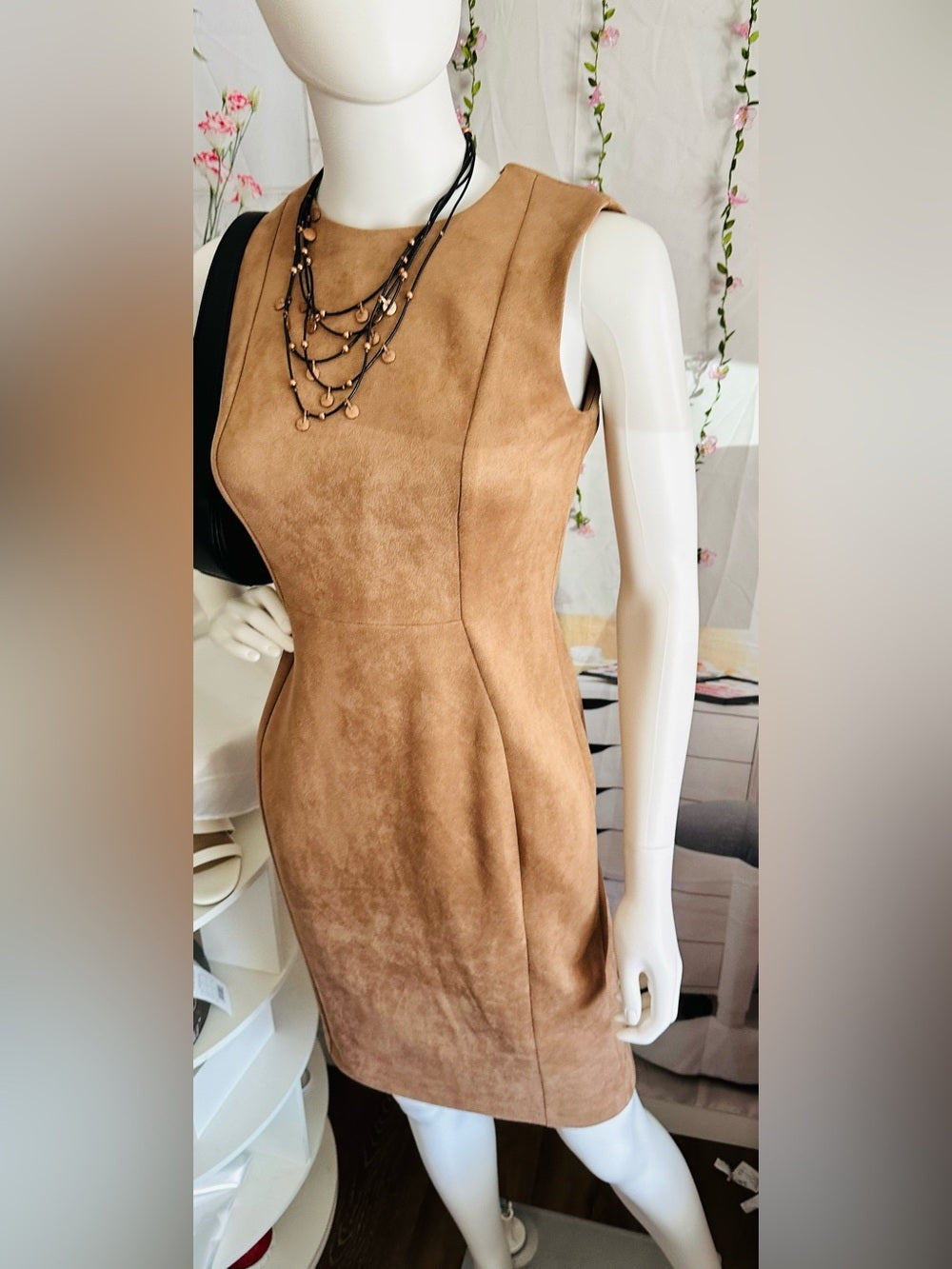 Calvin Klein Faux Suede Sheath Dress Camel Tan Sleeveless