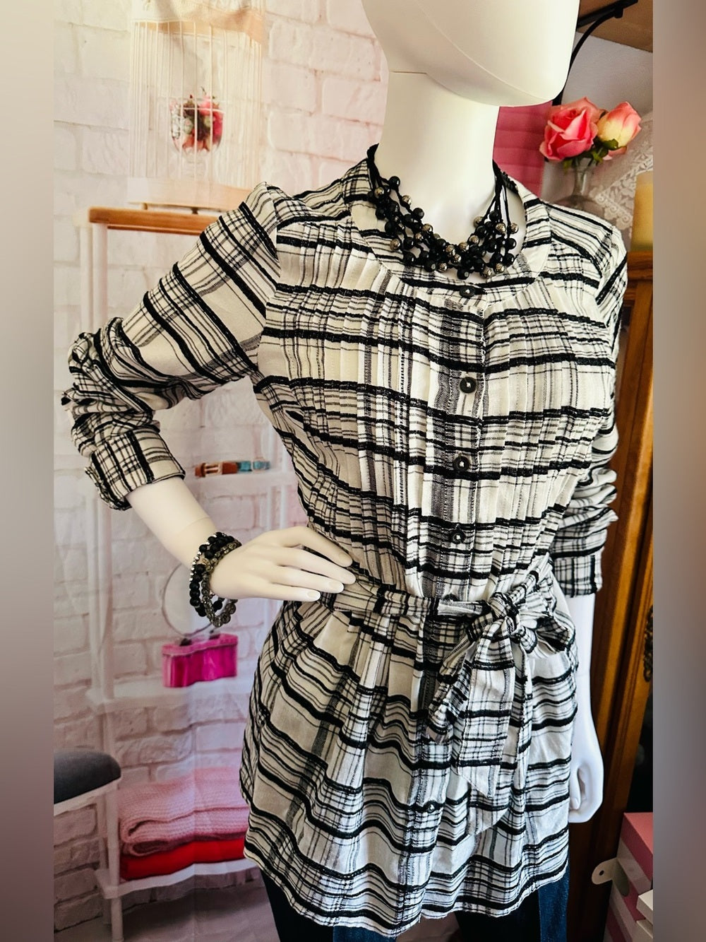 Anthropologie Black & White Plaid Belted Tunic