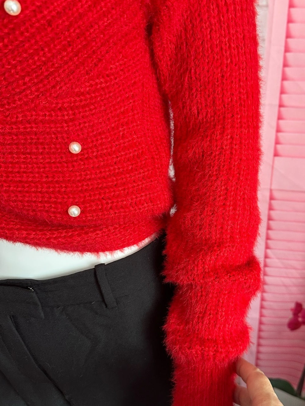 No Boundaries Red Fuzzy Pearl Embellished Twist Front Sweater