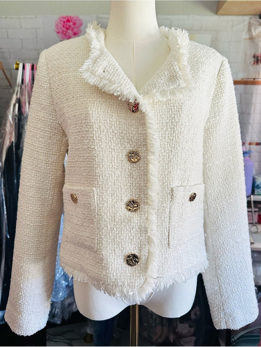 Rachel Zoe Ivory Tweed Fringe Gold Button Blazer