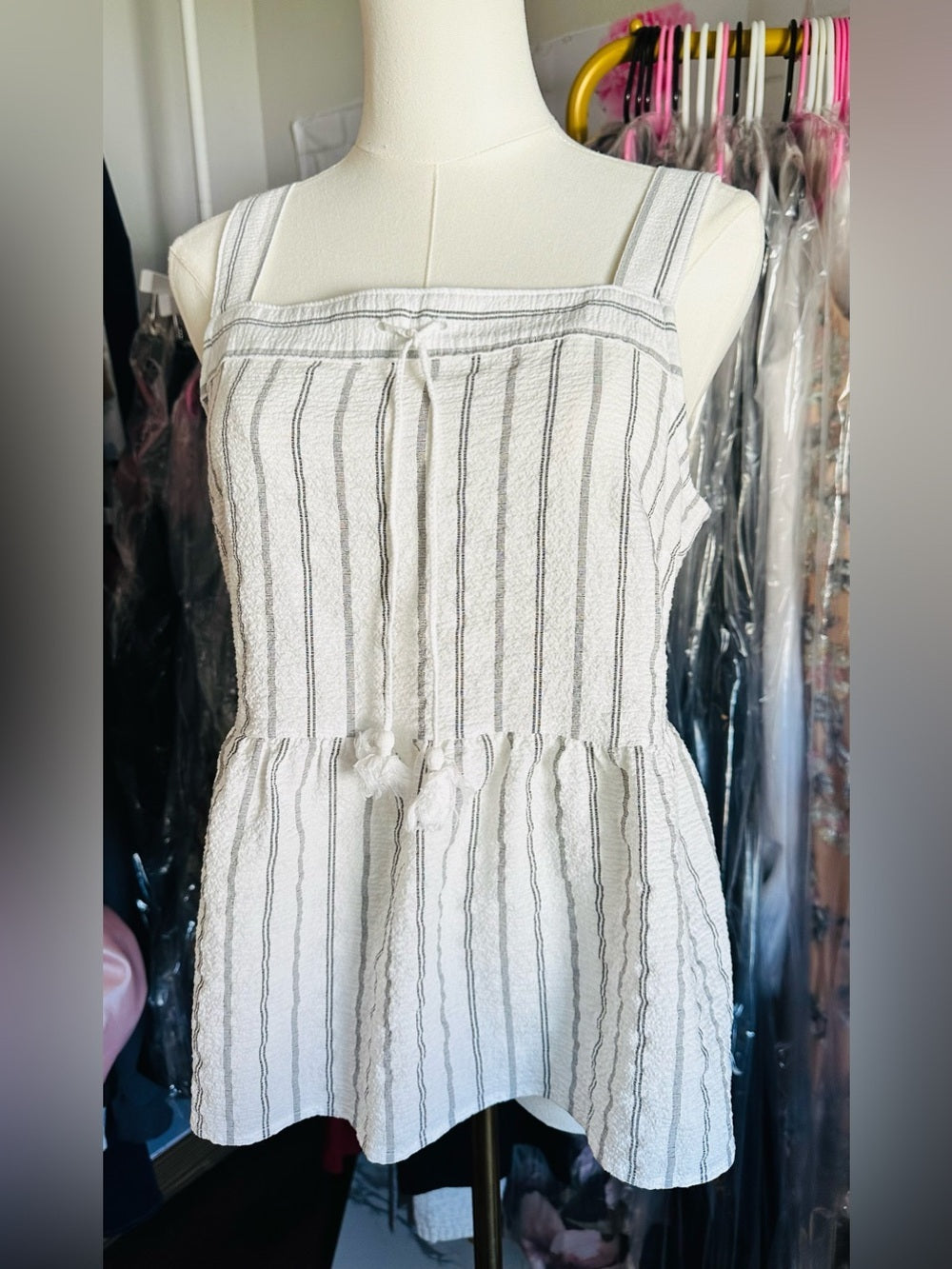 Banana Republic White & Gray Striped Sleeveless Peplum Tank Top