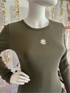 wild fable Olive Ribbed Long Sleeve Bodycon Dress with Daisy Patch
