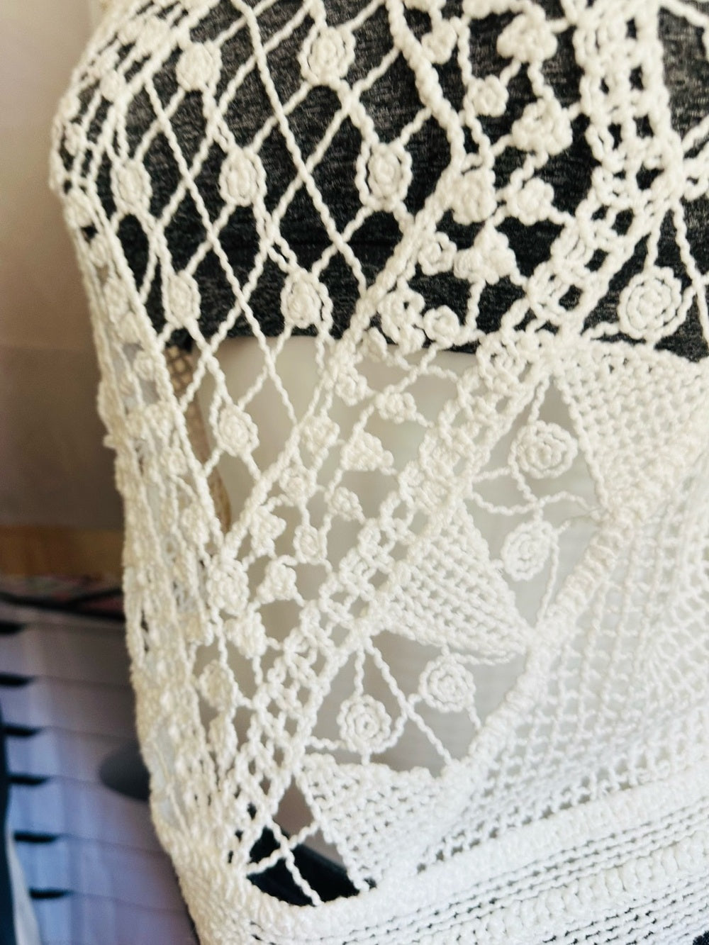 Ella Moss White Open Knit Crochet Boho Long Sleeve Sweater