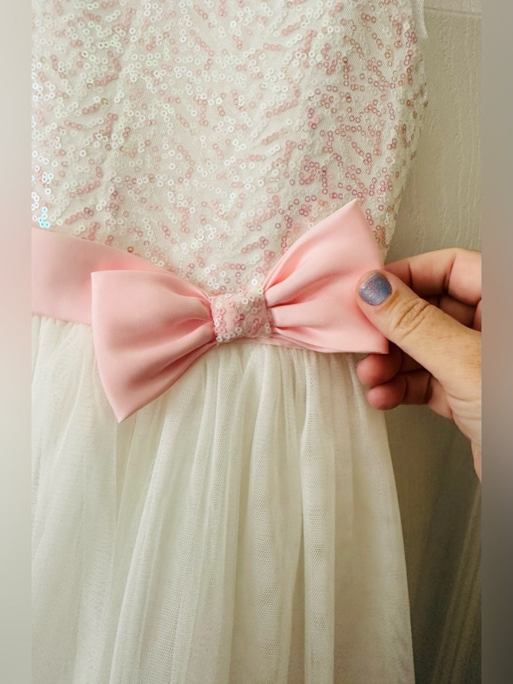 Jona Michelle Pink Sequin Bodice Ivory Tulle Dress with Bow