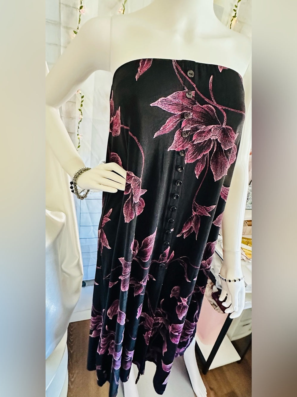 Briggs New York Black Pink Floral Button Front Maxi Skirt