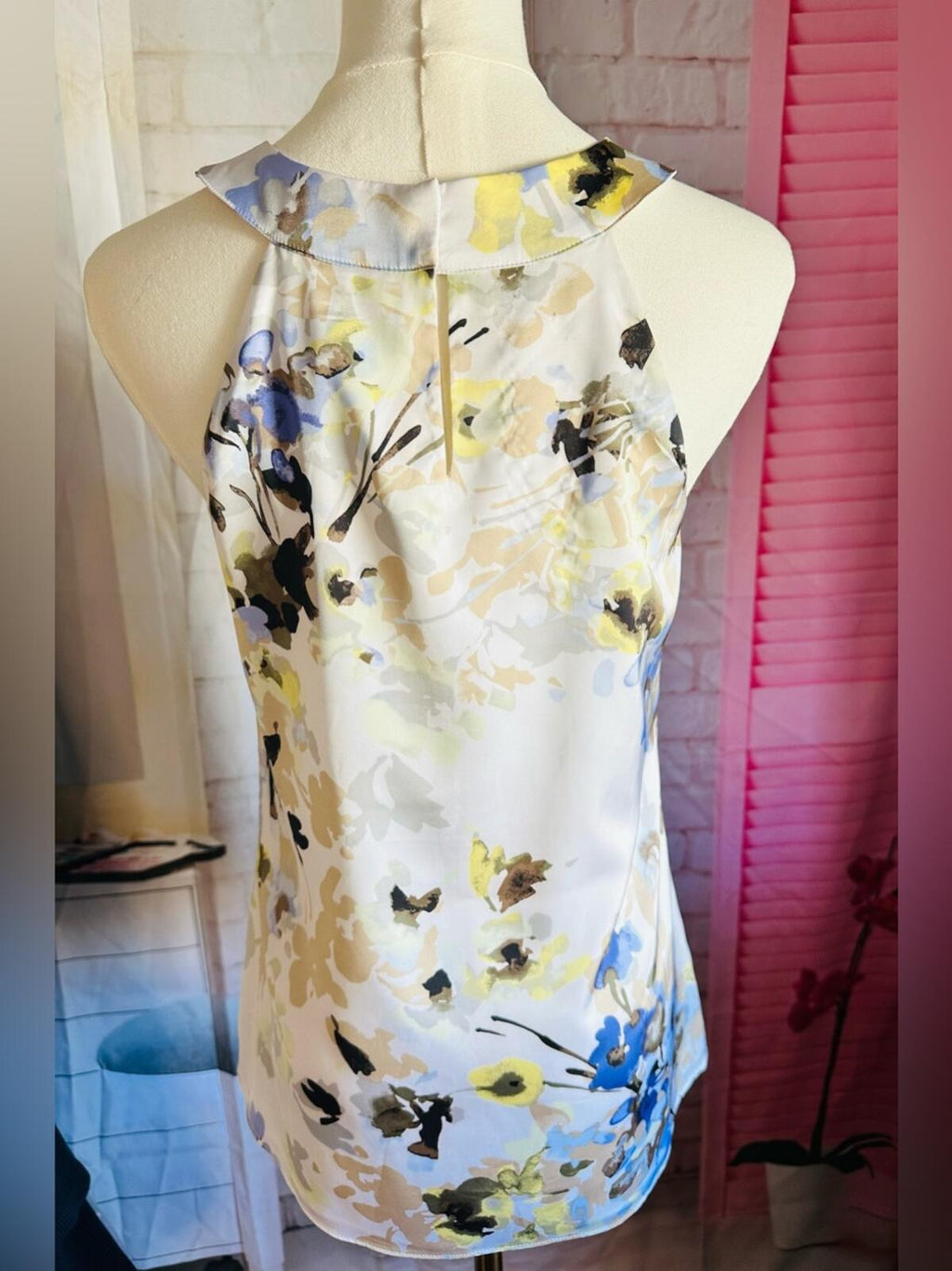 White House Black Market White Floral Halter Camisole with Blue & Yellow Print