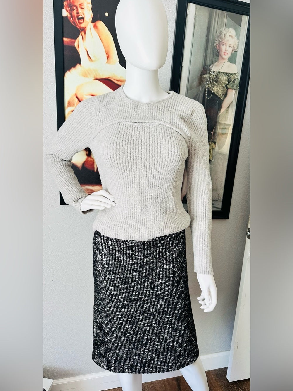 Banana Republic Italian Tweed Cotton Wool Pencil Skirt Black White