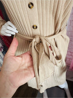 Lark + Grey Tan Ribbed Knit Button Front Belted Sweater Dress