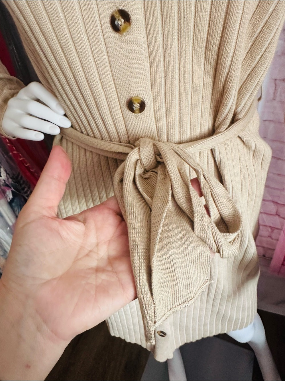Lark + Grey Tan Ribbed Knit Button Front Belted Sweater Dress