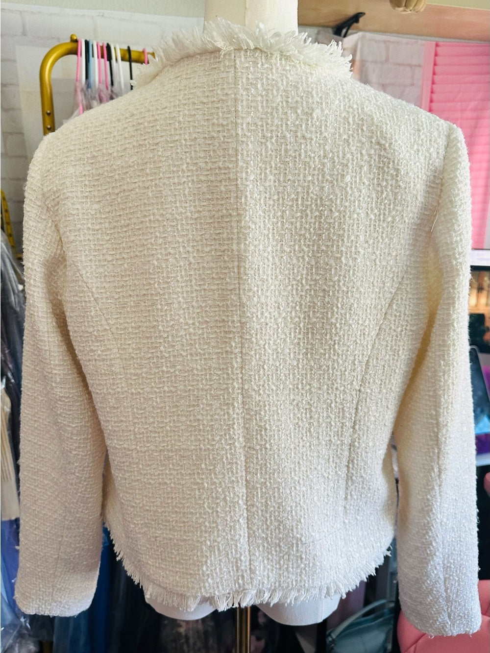Rachel Zoe Ivory Tweed Fringe Gold Button Blazer