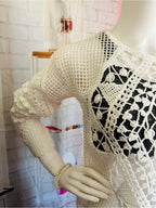 Ella Moss White Open Knit Crochet Boho Long Sleeve Sweater