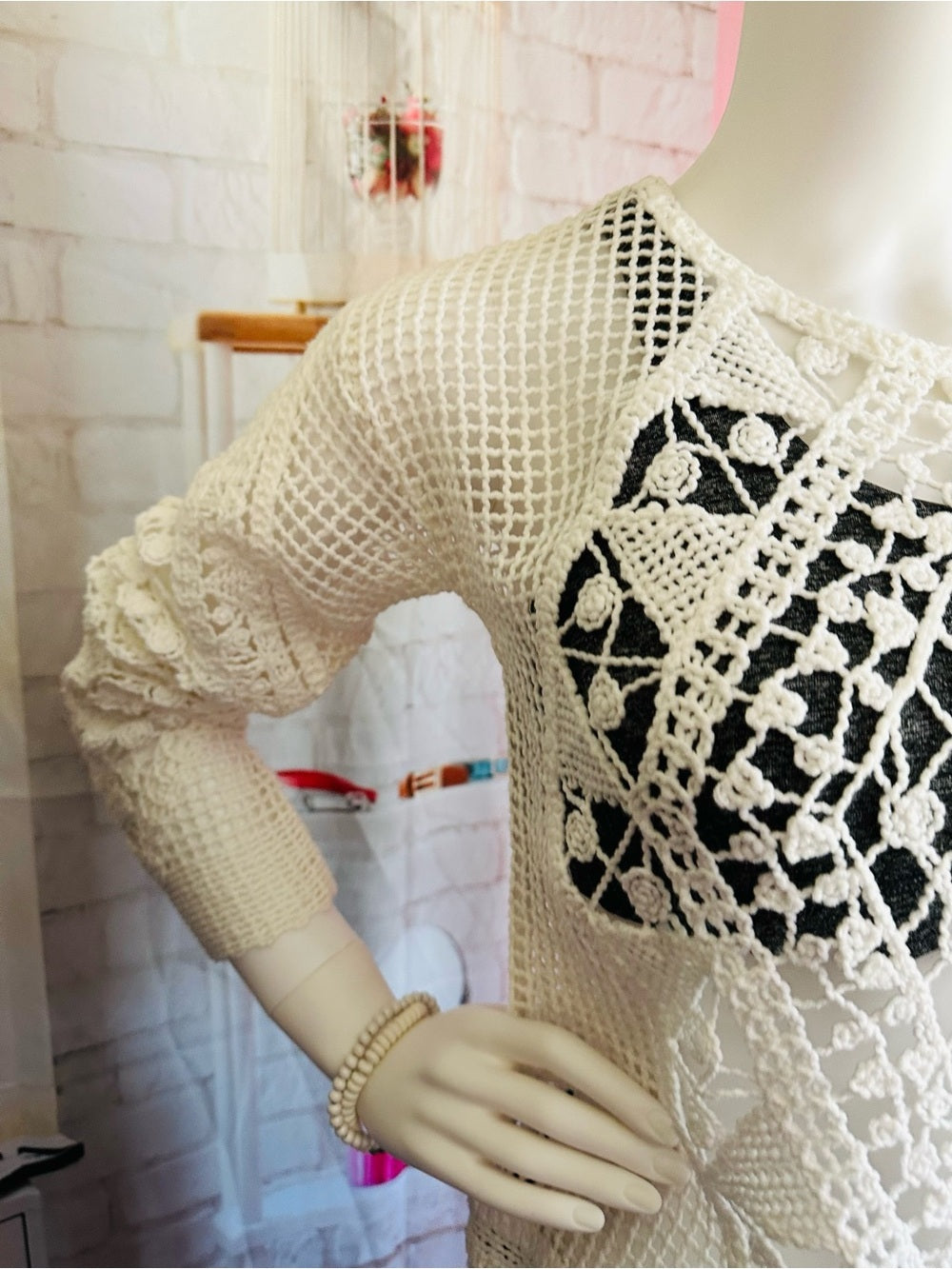 Ella Moss White Open Knit Crochet Boho Long Sleeve Sweater