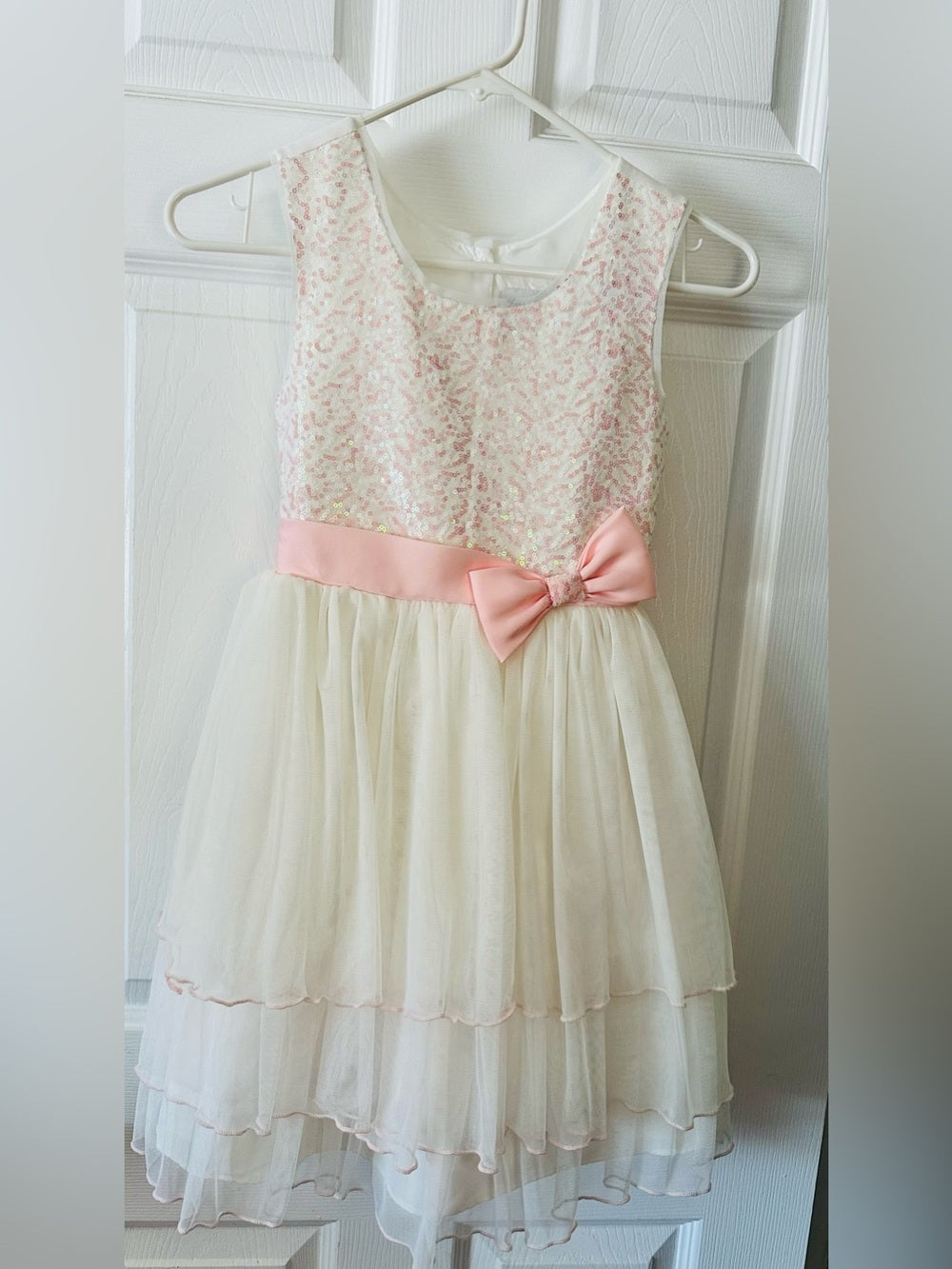 Jona Michelle Pink Sequin Bodice Ivory Tulle Dress with Bow